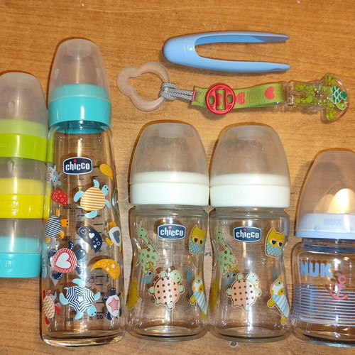 Chicco and Nuk Glass Baby Bottles Set with Clips and Plastic Tongs like new