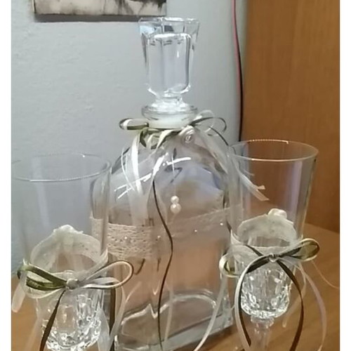 Crystal carafe with 2 decorated glasses for wedding crowning set like new