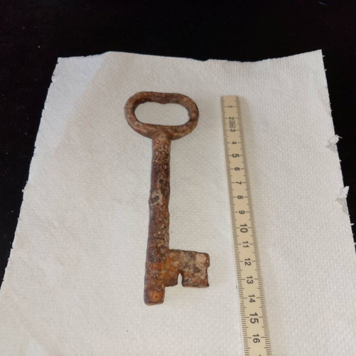 Forged iron key 15 cm used, vintage 1880-1920