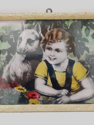 Vintage framed art print Child and dog in golden frame under glass, like new