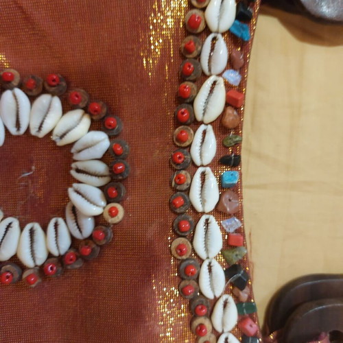 Handmade summer handbag in like new condition with shells and wooden handle orange