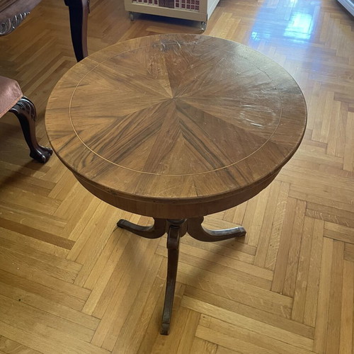 Wooden round marquetry side table, French, 1950-1960