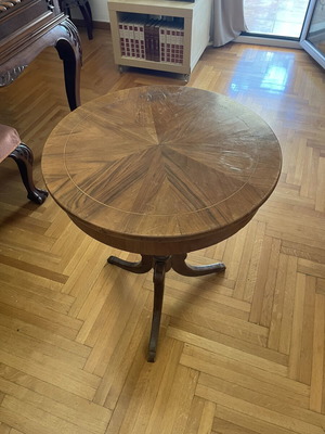 Wooden round marquetry side table, French, 1950-1960