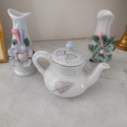 Vintage porcelain miniature set of 3, vases and teapot