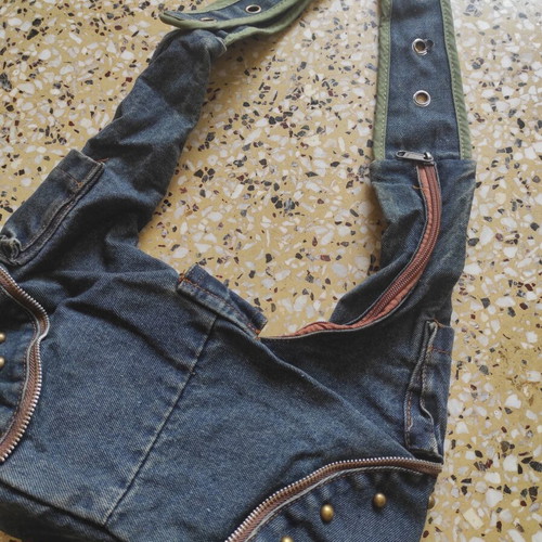 Vintage denim shoulder bag, blue multicolor