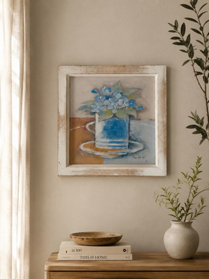 Painting with vase and blue flowers used