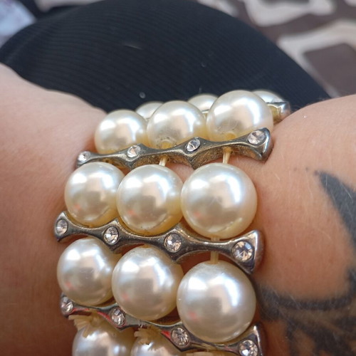 Bracelet with pearls used, elastic cuff with vintage rhinestones