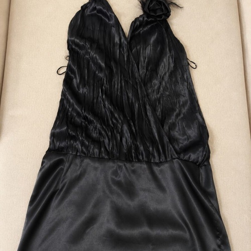 On Line Exclusive Black Satin Halter Top M/L Like New with Rose