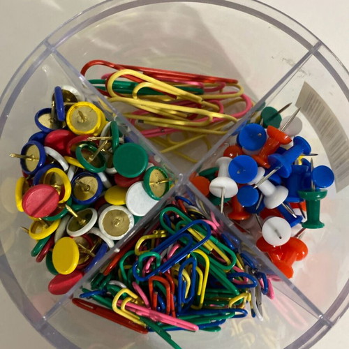 Box with pins and paper clips used, 4 compartments
