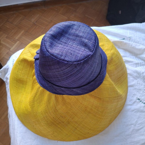 Handmade Raffia Hat Madagascar with Wide Brim new, blue and yellow