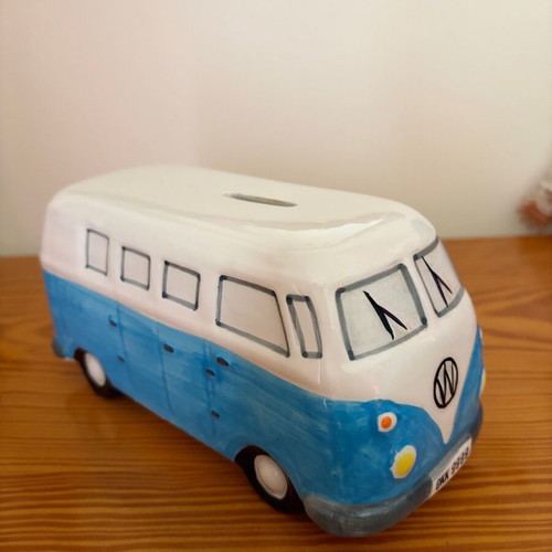 Volkswagen car piggy bank like new, blue and white