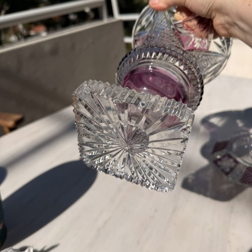 Vintage Amethyst Overlay Crystal Vase and Bowl Set like new