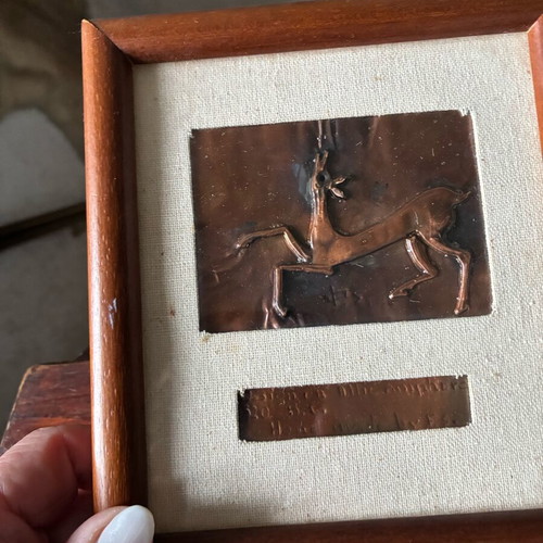 Copper embossed artwork used, vintage 1970 with deer in wooden frame