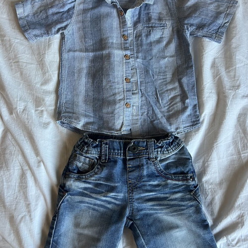 Boys' set with Indigo denim shorts and Next blue striped shirt like new, 2-3 years
