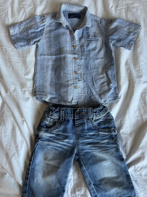 Boys' set with Indigo denim shorts and Next blue striped shirt like new, 2-3 years