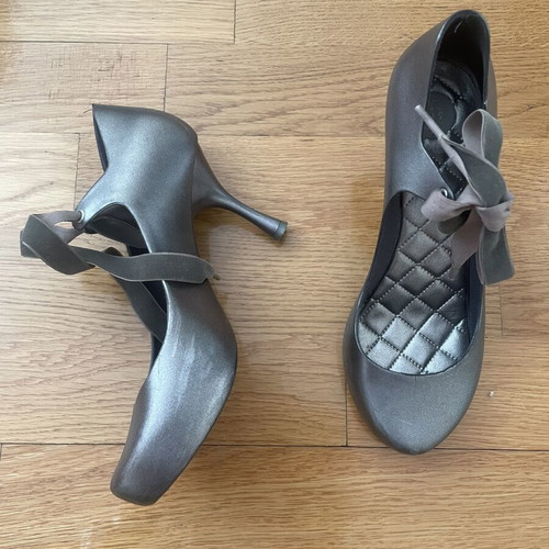 Melissa pumps like new, metallic gray with ankle ribbon, size 38