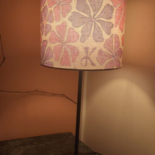 Handmade table lamp with painted fabric shade and inner plastic coating