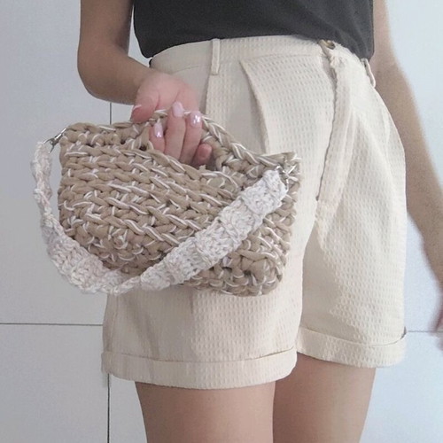 Mini crochet handbag new, beige shoulder bag with detachable strap