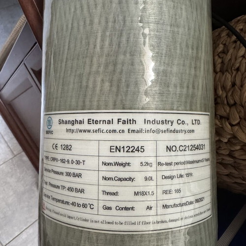 Carbon Charging Cylinder 9L 300 Bar with DIN Valve