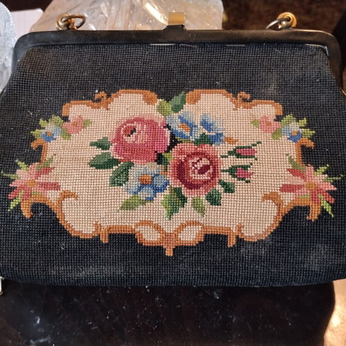 Vintage evening clutch with handmade embroidery used, 1950s-70s