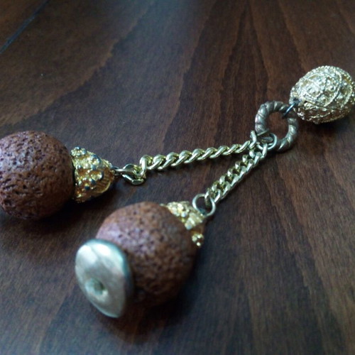 Lava stone pendant used, gold and brown talisman necklace