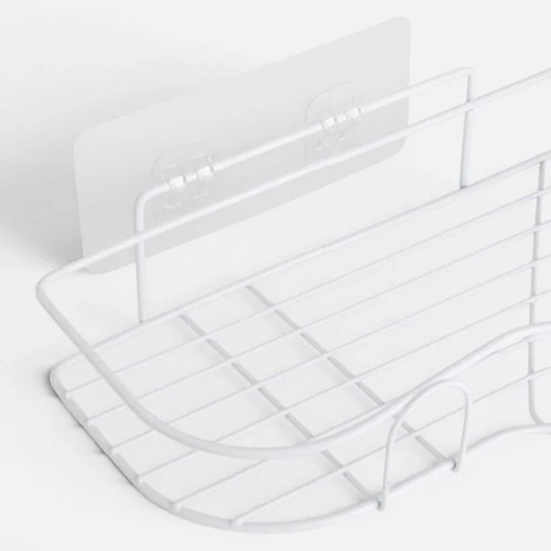 White metal corner bathroom shelf with adhesive hooks 26x26x6 cm
