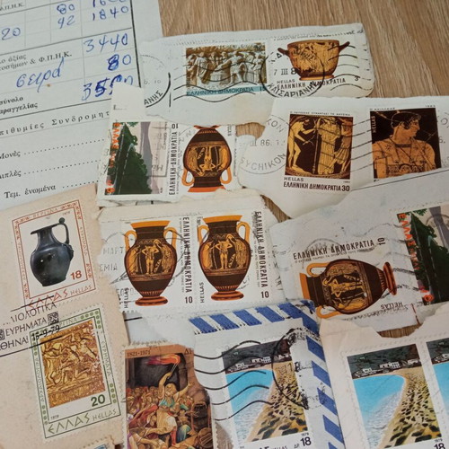 Vintage Greek Stamp Collection with Covers and Philatelist Receipts used