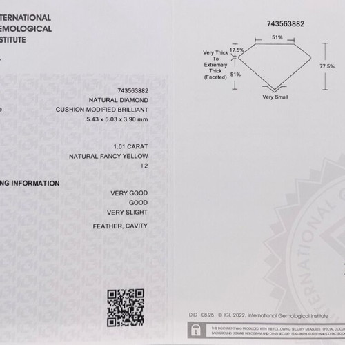 Diamond Fancy Yellow 1.01 ct natural, cushion shape, new
