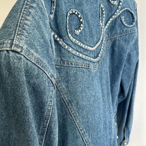 Vintage oversized denim jacket with shoulder pads and rhinestones