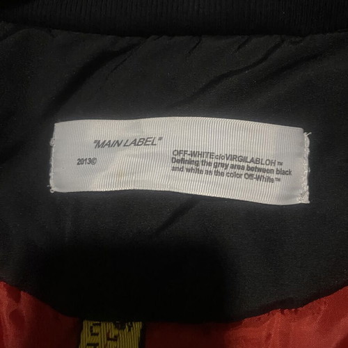 Off White black puffer jacket with hood and red lining, size L