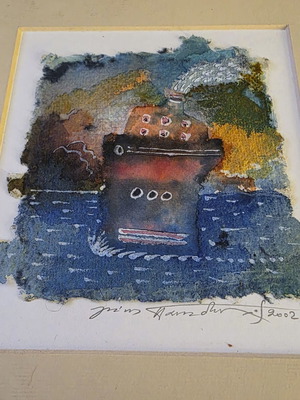 Painting on handmade paper Small Boat by Giannis Papadopoulos like new