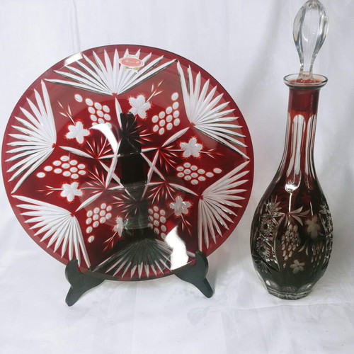Nachtmann decanter and Joska Traube Bleikristall ruby red plate set like new