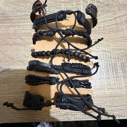 Leather men's bracelets new, set of 7 pieces, black