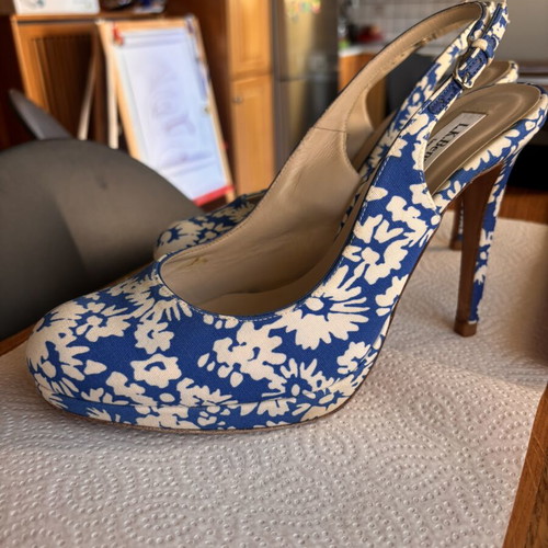 LK Bennett Blue and White Floral Slingback Heels Good Used Condition