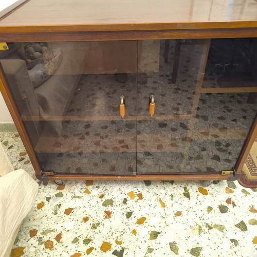 Vintage beechwood cabinet with wheels and glass doors