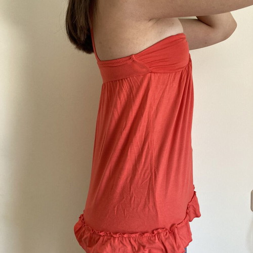 Raxevsky orange blouse like new, halter neckline with ruffle and strass