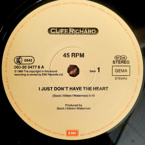 Cliff Richard I Just Don't Have The Heart 12" vinyl single, pop rock