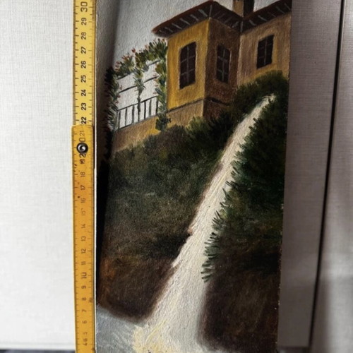 Vintage Naousa Paintings set used, industrial folk art on wood