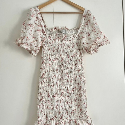 Neo Noir Floral Smocked Dress Like New, 100% Cotton, White, Size M