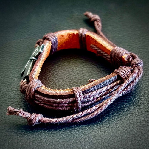 Genuine Brown Leather Cross Bracelet, M FORGE
