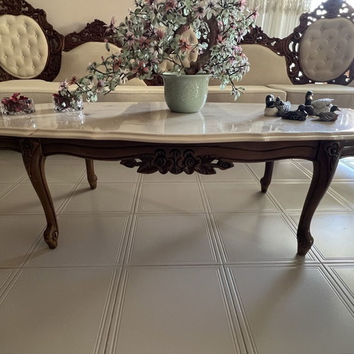 Carved Canadian Solid Wood Living Room Set like new with Marble Tables