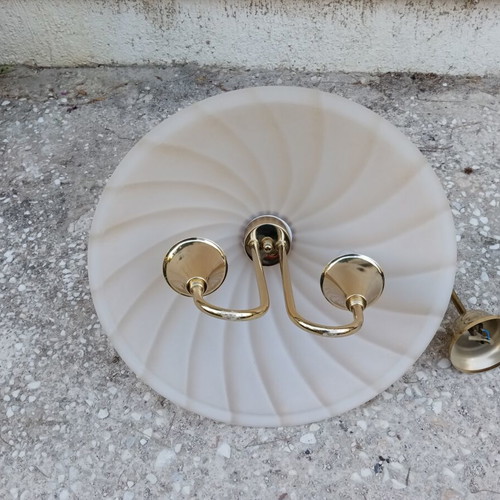 Glass ceiling light with 2 lamps, like new, ecru color, brass base