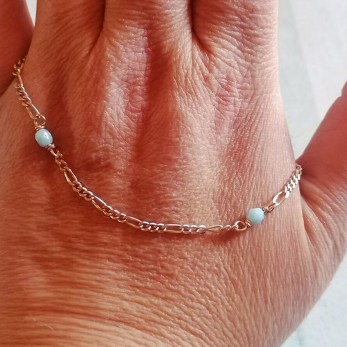 925 Silver Anklet with Figaro Chain and Turquoise Beads new
