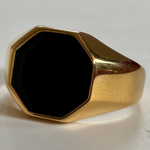 Black Enamel Octagon Signet Ring New, 316L Stainless Steel, US Size 12