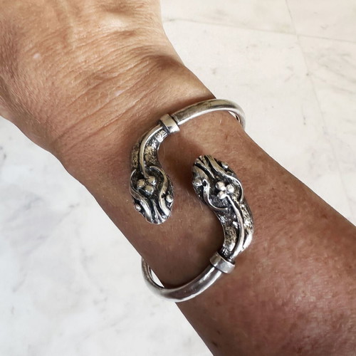 Silver bracelet vintage double snake heads 1960s used