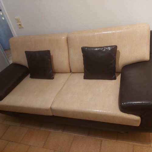 Sofa like new, genuine leather beige and brown with leather cushions