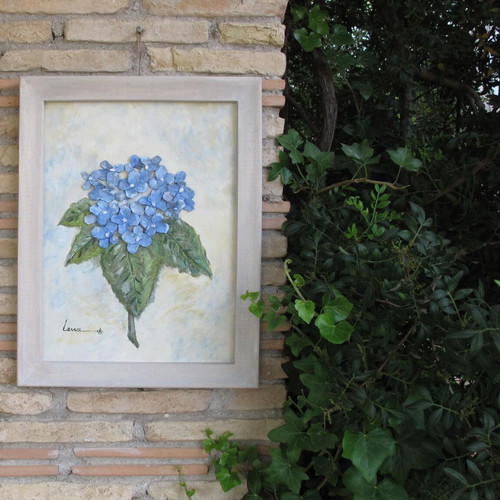 3D Artwork Blue Hortensia Painting on Canvas with Pinecone Flowers New