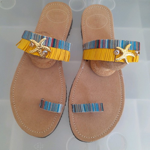 Leather suede sandal new, beige with hammered starfish