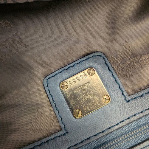 MCM shoulder bag used, leather, turquoise, 35x23 cm