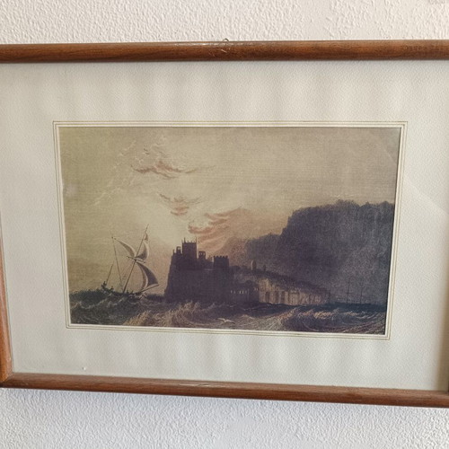 Classic decorative framed seascape print used, wood frame